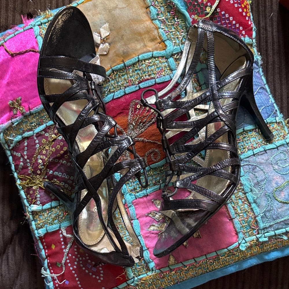 Elegant Black Leather Enzo Angiolini Strappy Heels zipper on heel